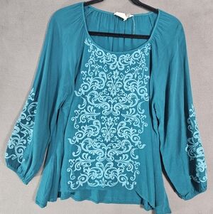 Savanna Jane Embroidered Floral Flutter Sleeve Top Boho Squareneck Green Large